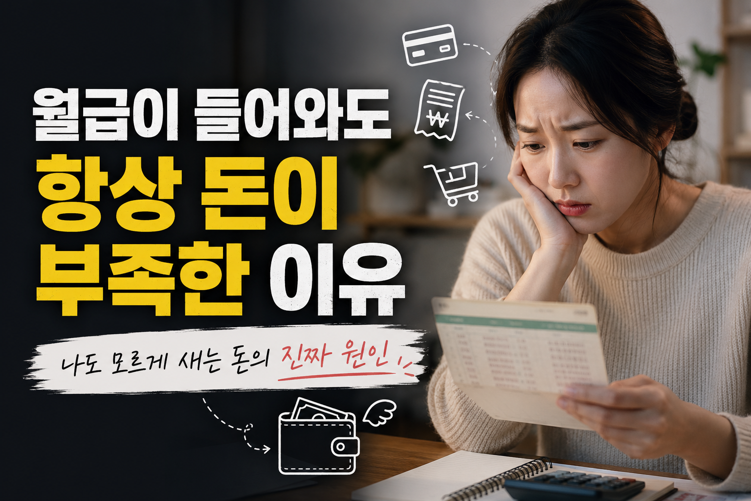 월급날 이후 지출 내역을 확인하는 직장인 모습