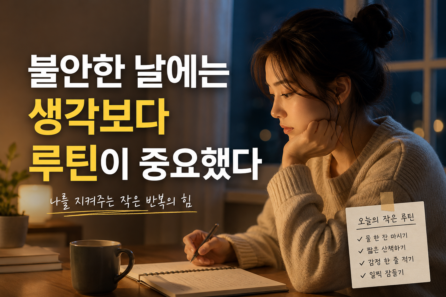 불안한 밤 루틴을 고민하며 앉아 있는 모습
