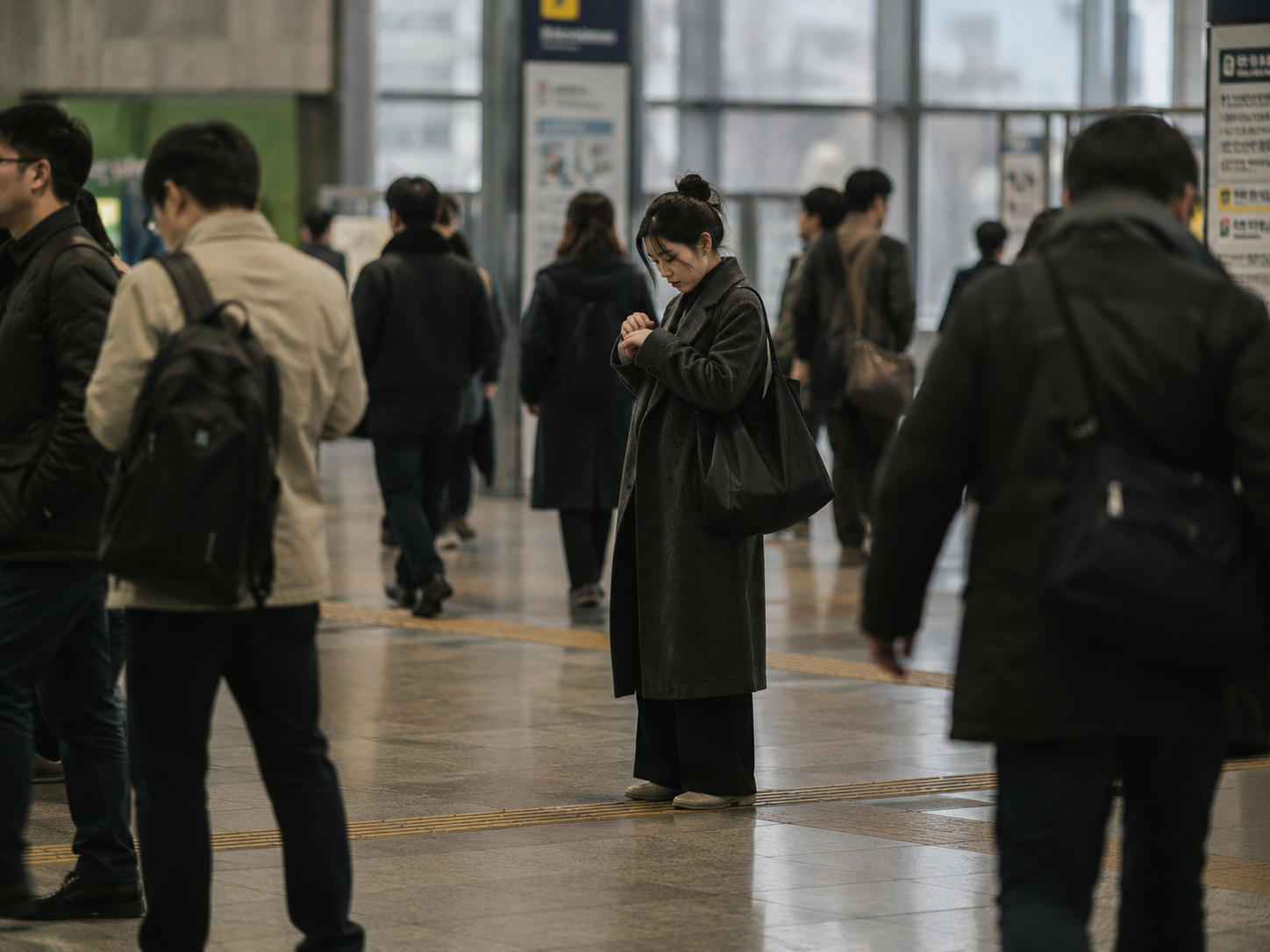 공공 공간에서 주변을 의식하며 잠시 멈춘 사람