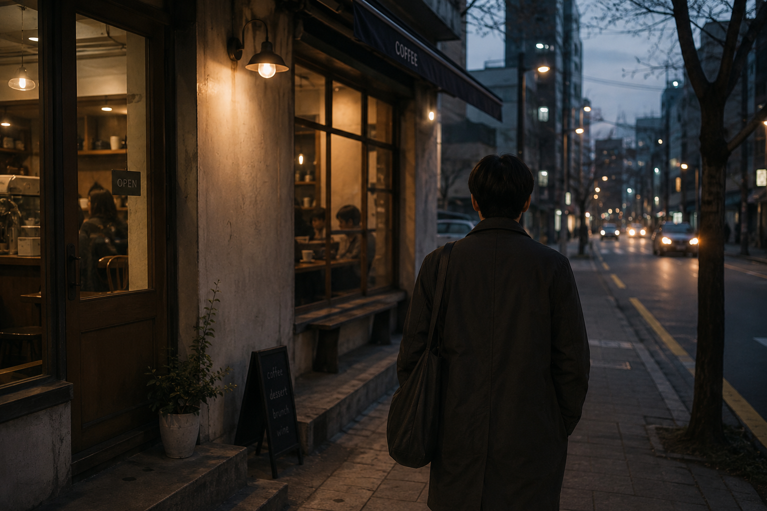 대화가 끝난 뒤 조용한 저녁 거리를 혼자 걷는 사람