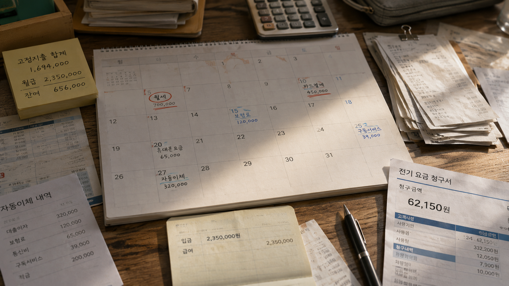 월급 이후 여러 결제일과 고정비가 표시된 달력과 명세서들