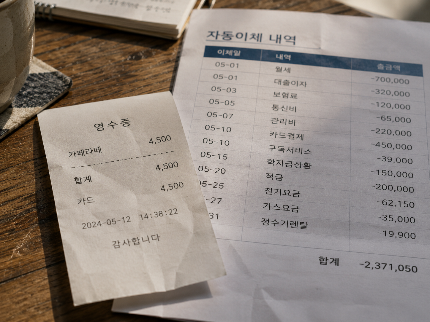 작은 소비 영수증 뒤로 자동 결제 목록이 놓여 있는 대비 장면