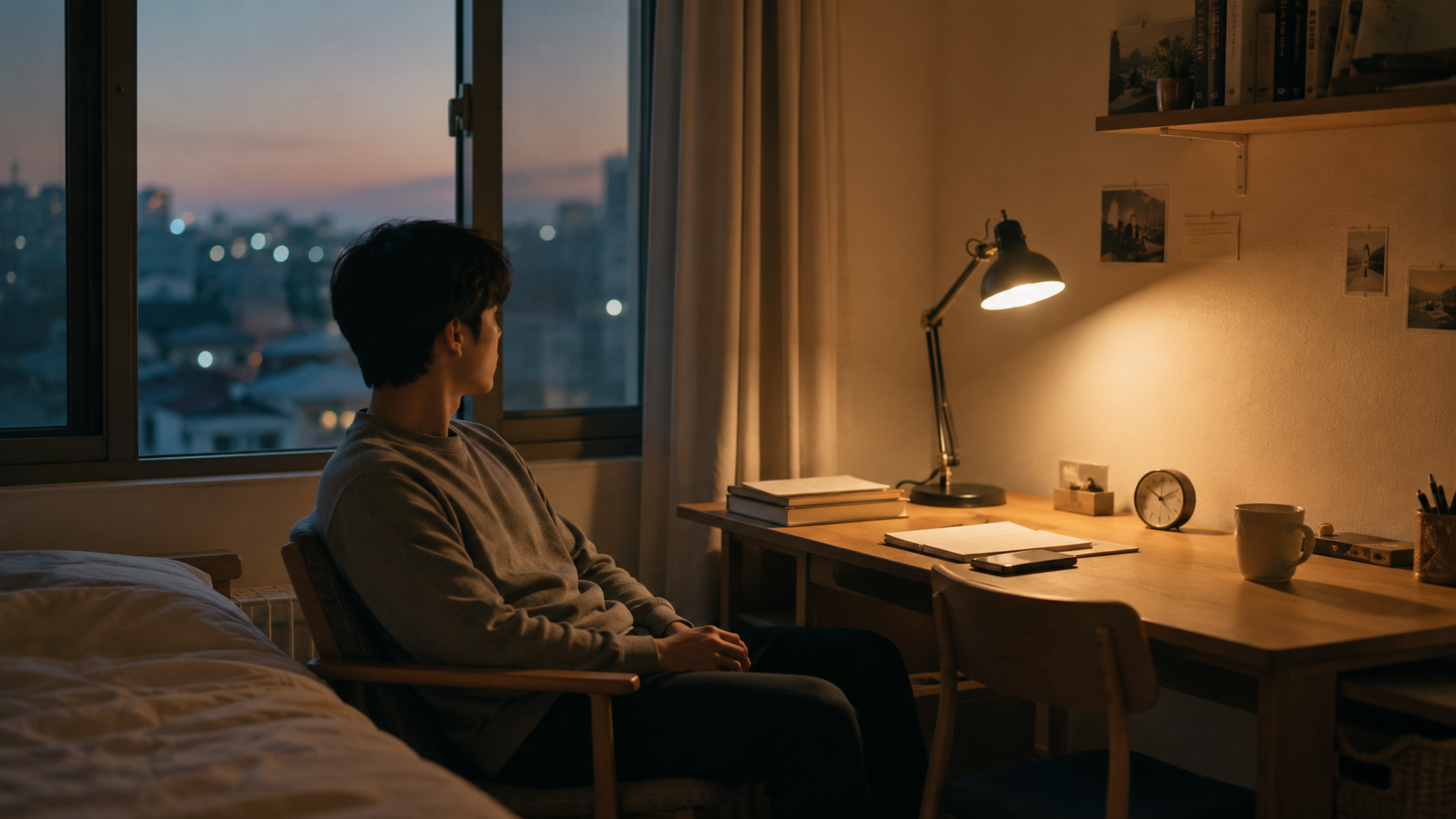 주말 저녁 조용한 방에서 쉬고 있지만 마음이 어딘가 바빠 보이는 사람과 멈춘 책상 풍경
