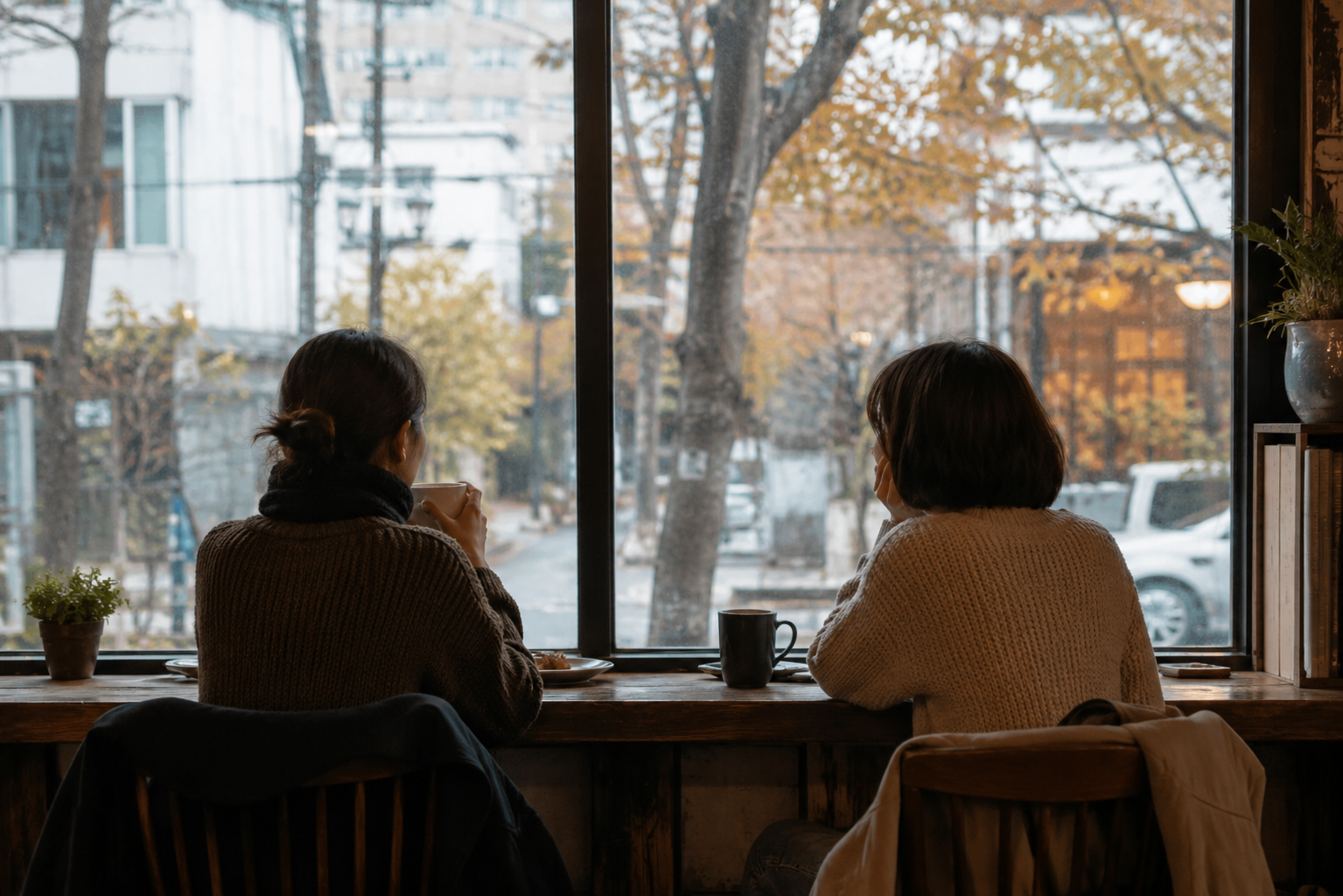 창가에 나란히 앉아 각자의 시간을 보내는 두 사람