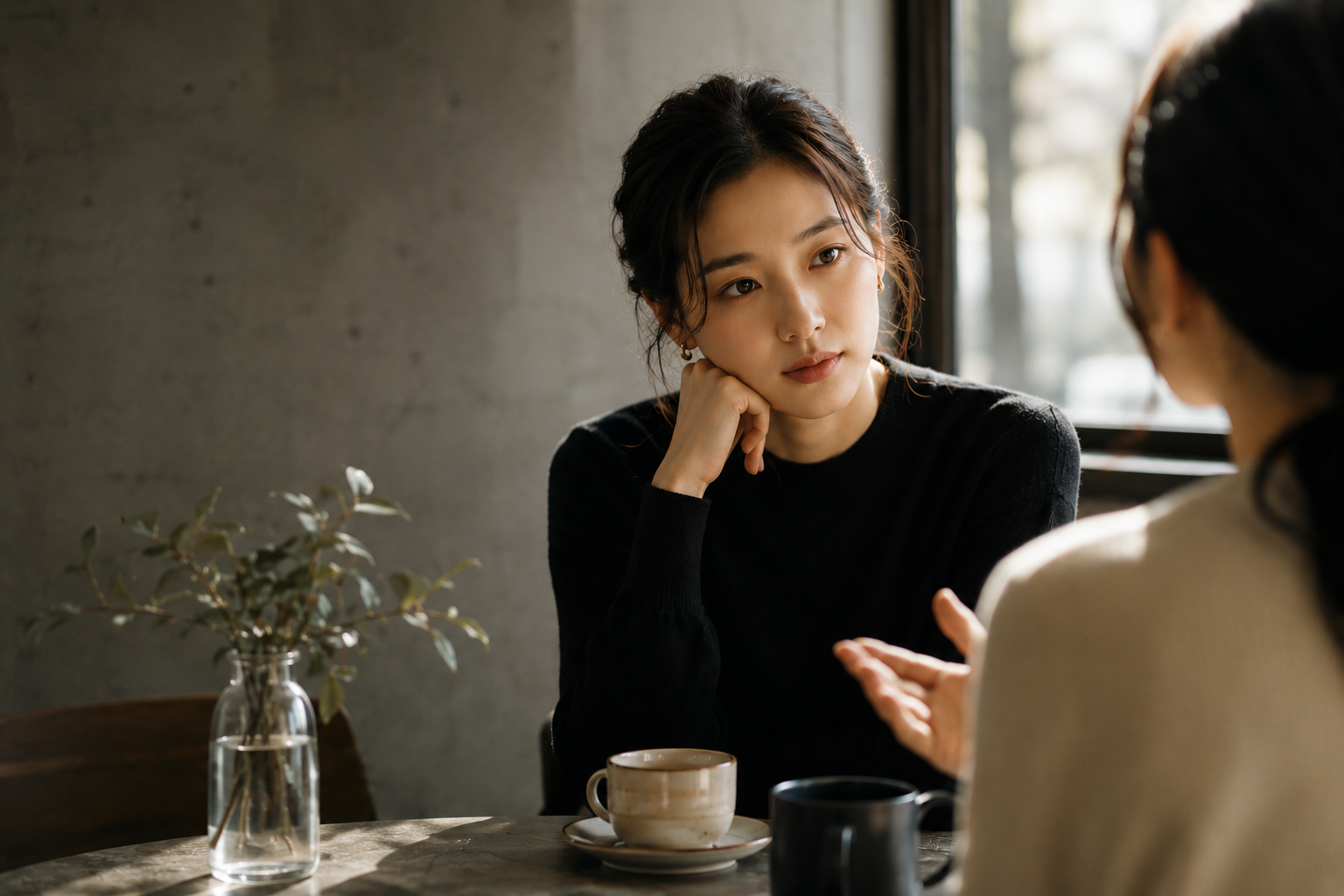 카페 테이블 앞에서 친구의 추천을 들으며 잠시 생각에 잠긴 사람