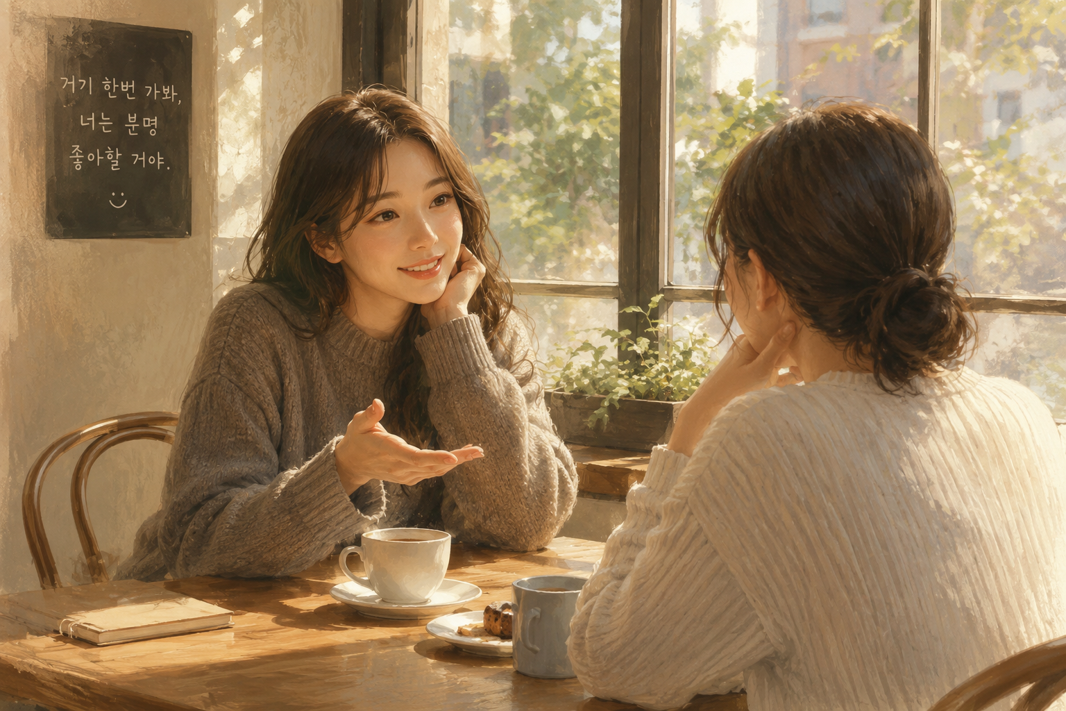카페 창가에서 친구에게 추천을 건네는 따뜻한 대화의 순간