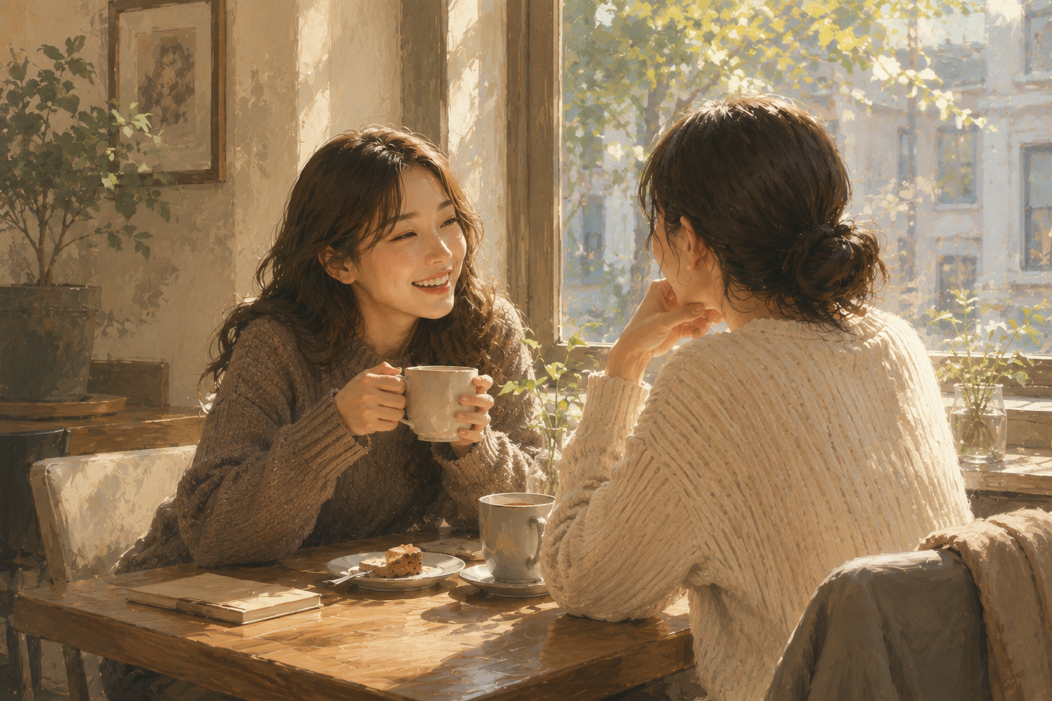 추천을 따라 함께 시간을 보내며 웃고 있는 두 사람의 편안한 오후