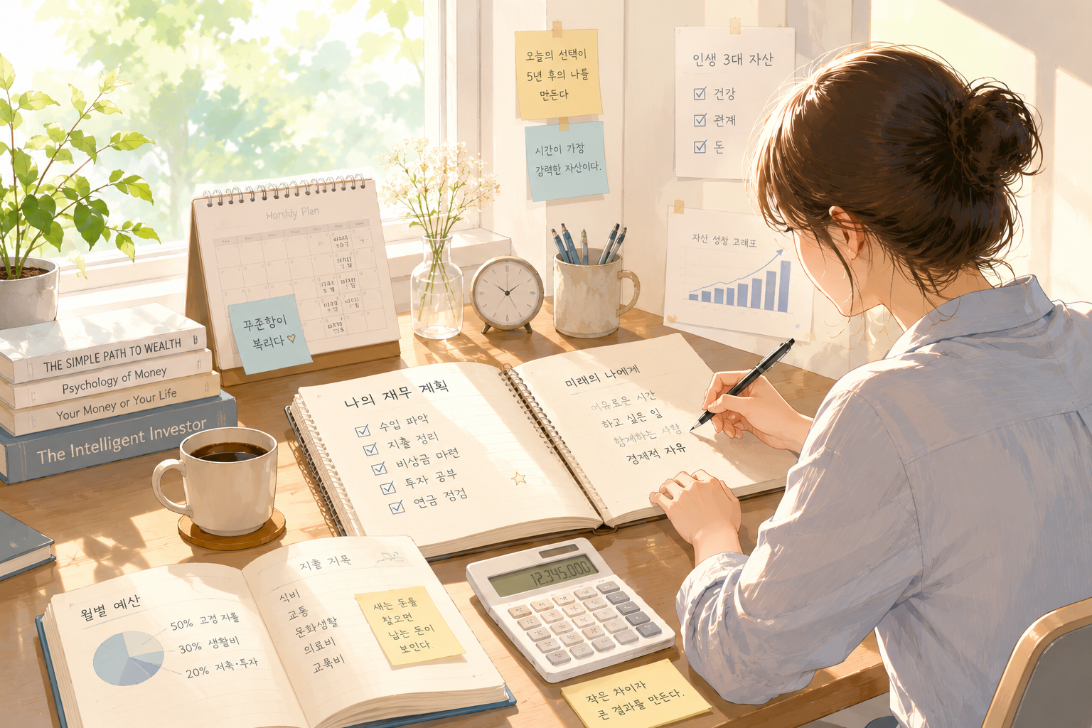 따뜻한 햇살이 들어오는 창가에서 노트에 재무 계획을 정리하며 미래를 생각하는 사람의 에디토리얼 일러스트