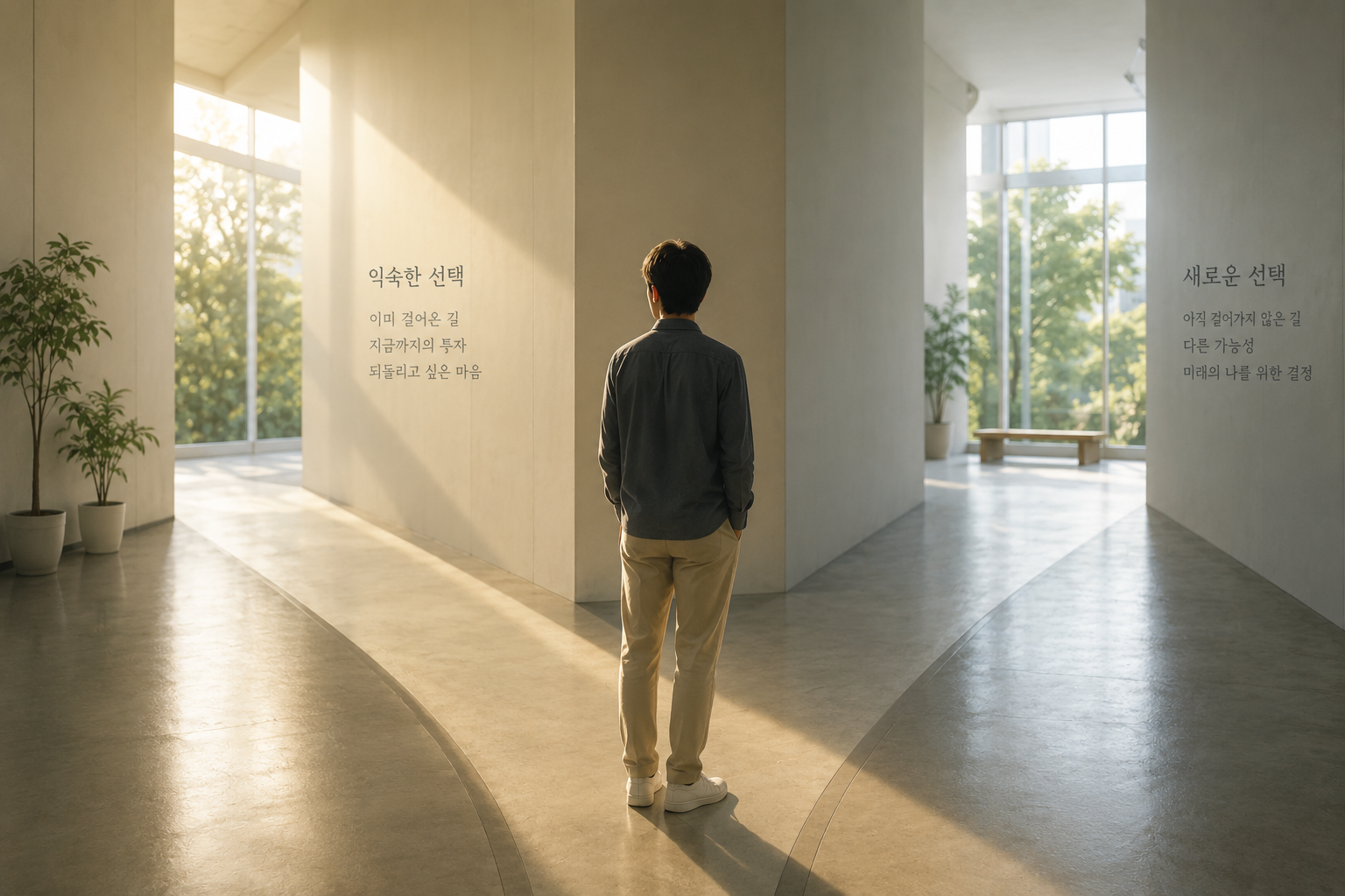 햇살이 비치는 갈림길 앞에서 잠시 멈춰 새로운 방향을 바라보는 사람