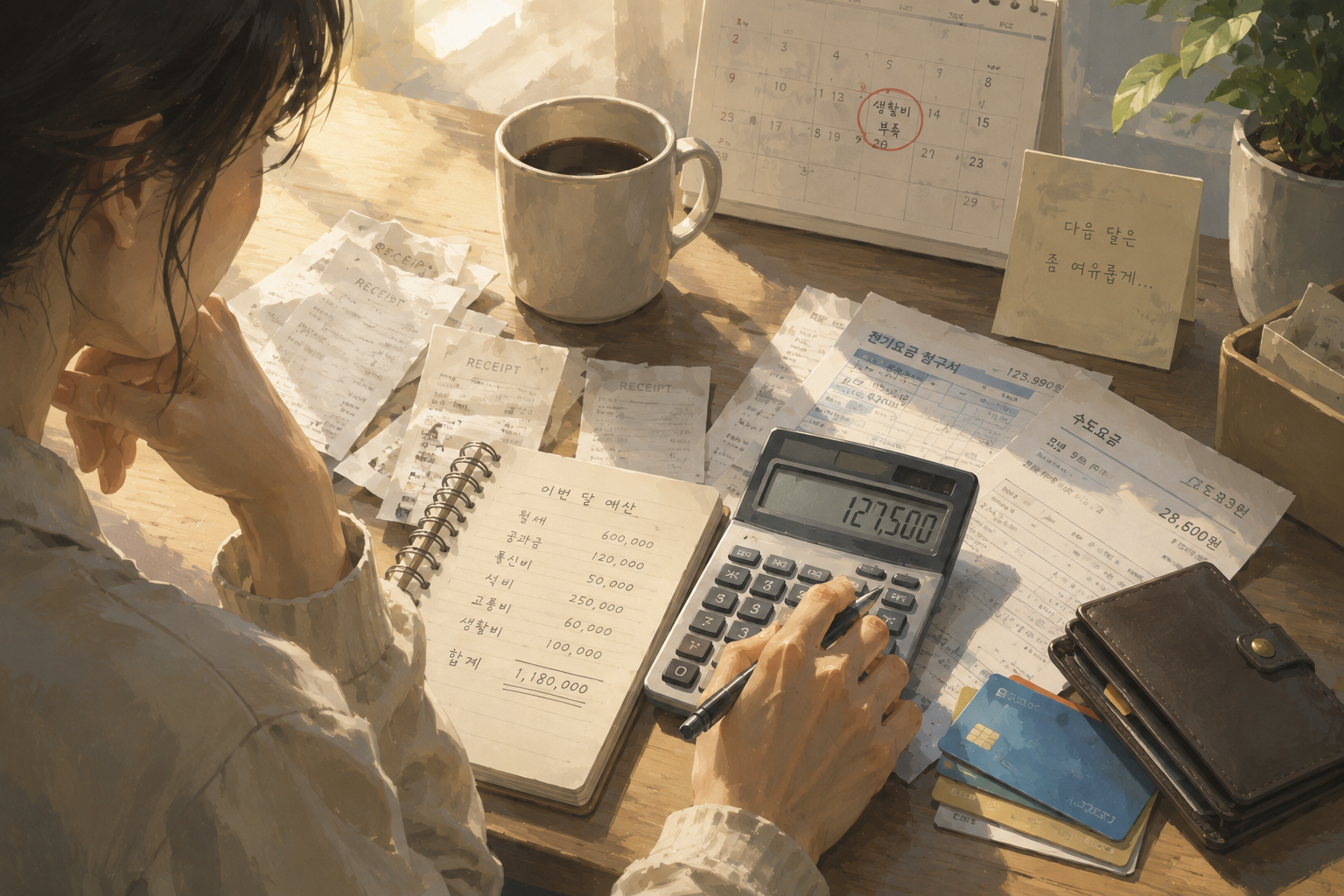 영수증과 계산기, 생활비 메모를 보며 지출을 계산하는 사람의 책상