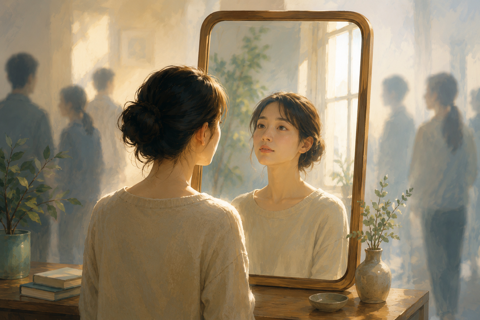 거울 속 자신의 모습을 바라보며 주변의 시선보다 내면에 집중하는 사람의 에디토리얼 일러스트