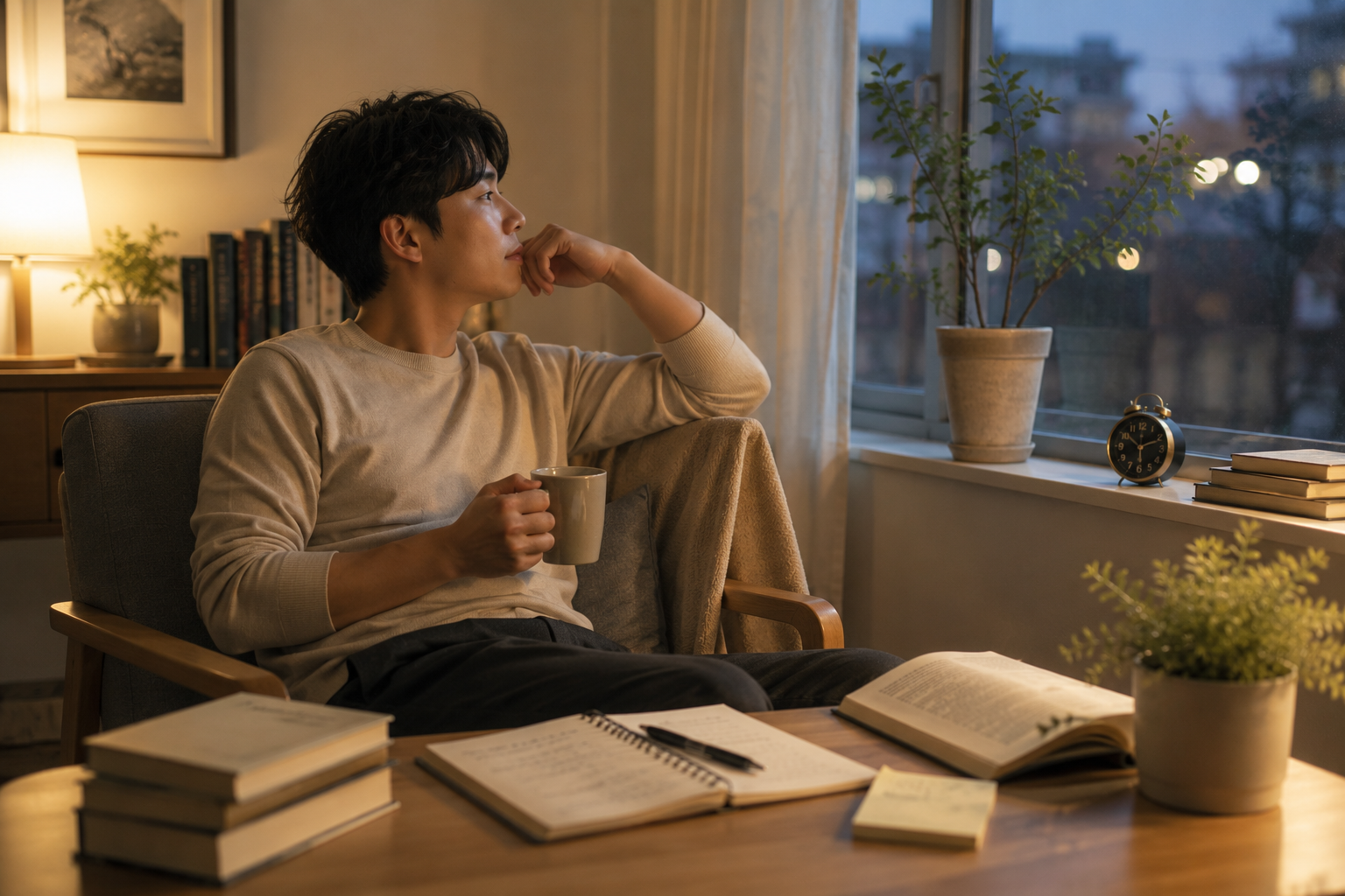 따뜻한 조명 아래 차 한 잔을 들고 창밖을 바라보며 조용히 휴식을 취하는 직장인의 모습