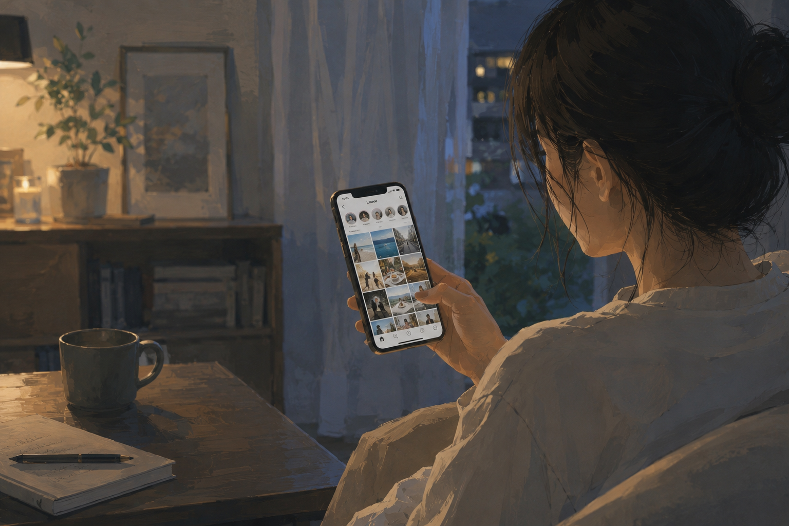 저녁 무렵 방에 앉은 사람이 여행과 일상 사진이 배열된 휴대전화 화면을 바라보고 있다