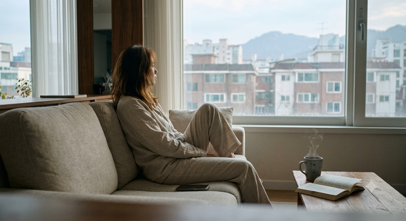 소파에 앉아 창밖을 바라보는 사람과 주변의 조용한 생활 공간